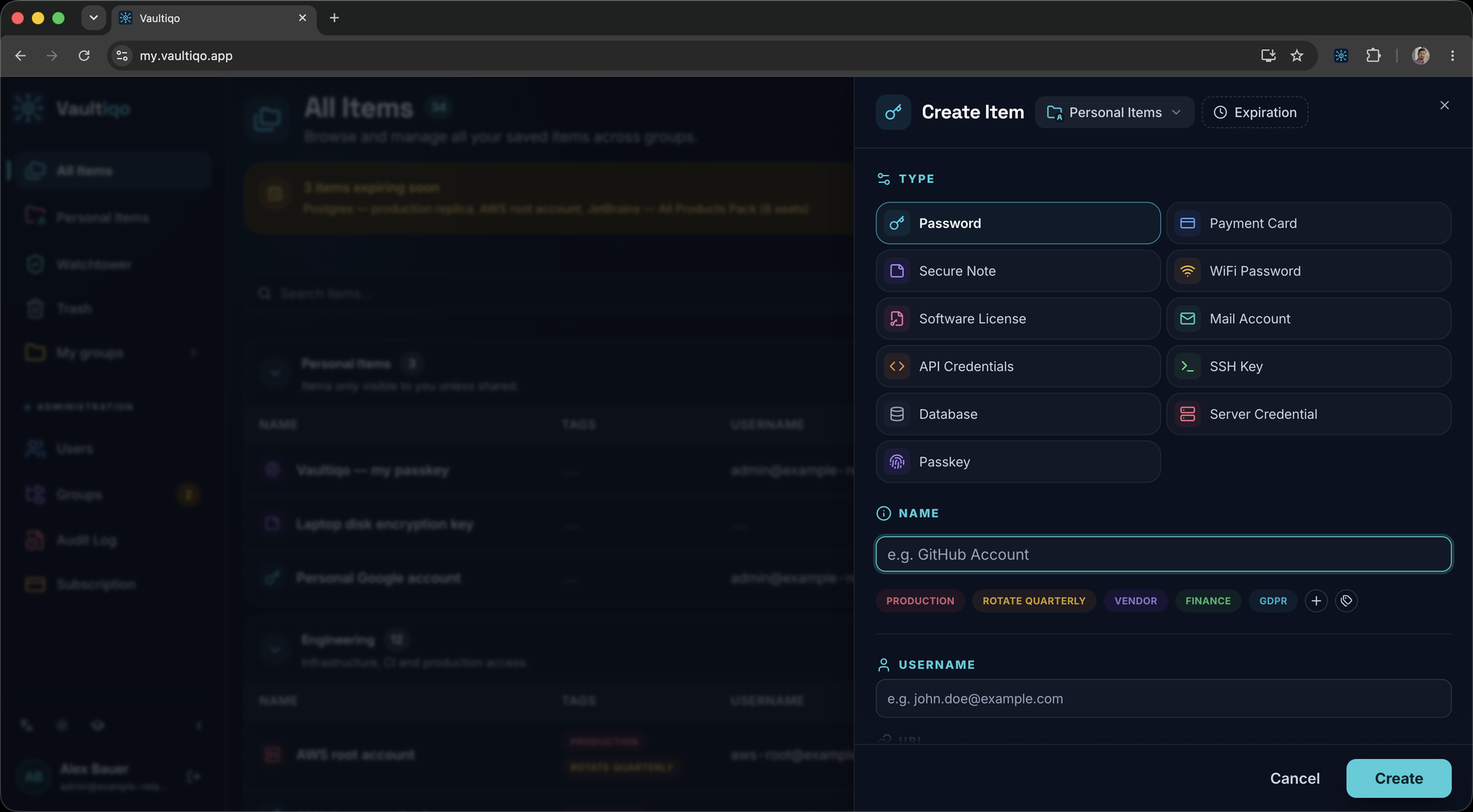 Vaultiqo create item dialog with a choice of item types
